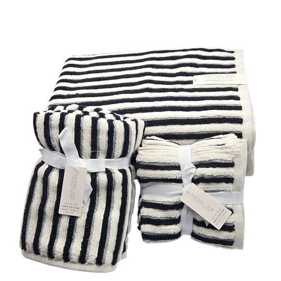 Rachel Zoe 8pc Cream And Black Striped Cotton Towel Set 2 Bath 4 Wash 2 Hand - Picture 3 of 16